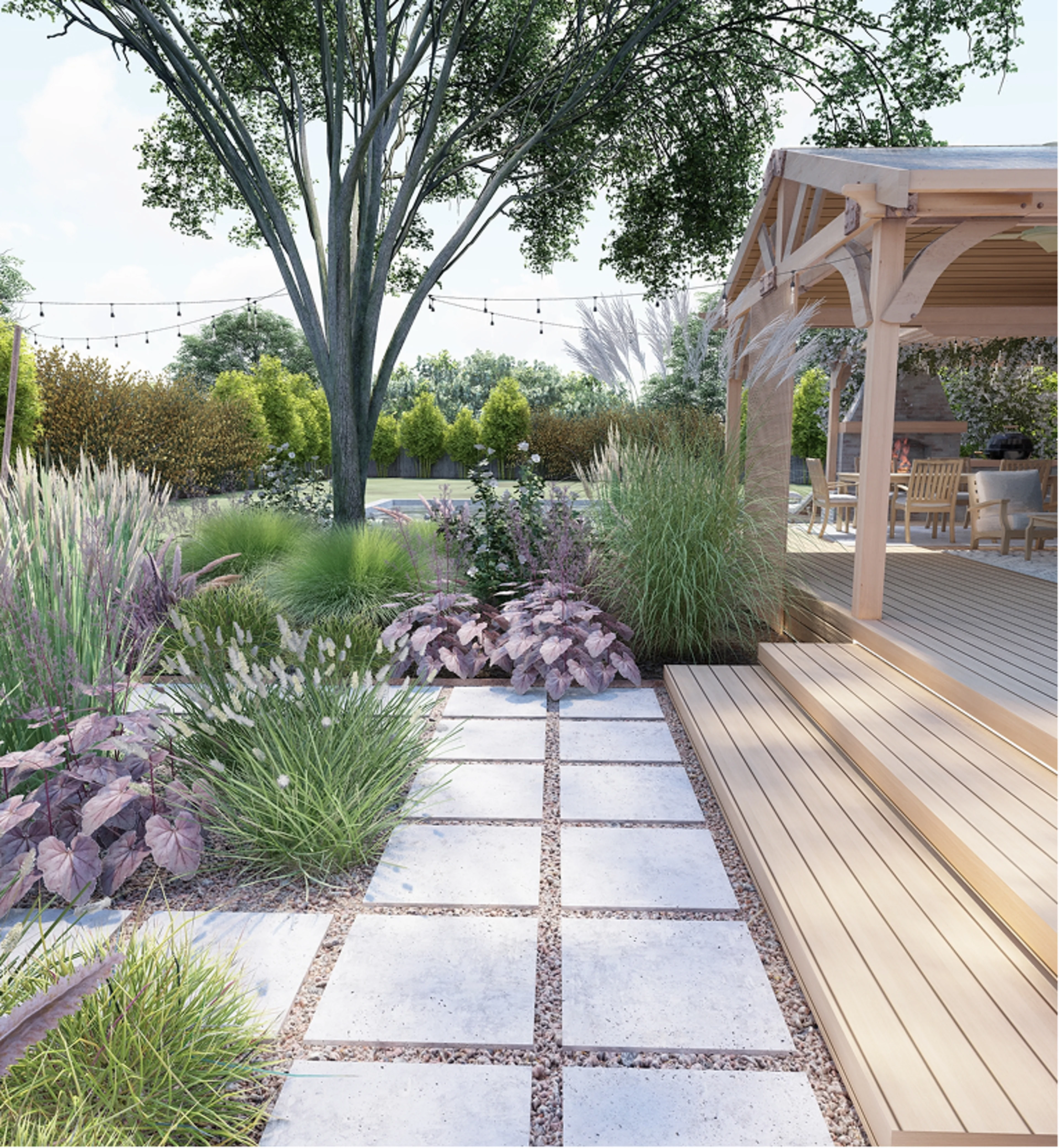 Thoughtfully designed garden with layered planting, pathways and outdoor living space