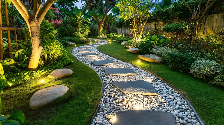 Layered residential garden with planting beds, pathways and outdoor living space